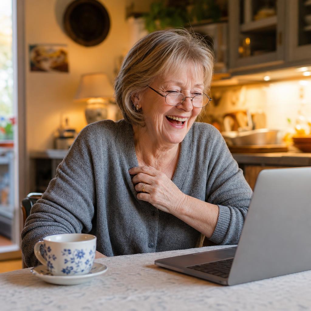 A happy senior woman laughing at her laptop in warm home lighting